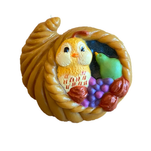 Hallmark cornucopia fall novelty pin with owl and fruit signed 1986 vintage